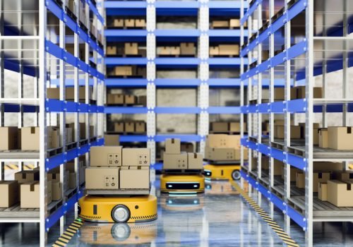 Automatic guid vehicles (AGV) transferring parcel box and products to warehouse, 3D illustrations rendering