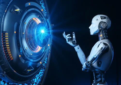 Human like robot talking to artificial intelligence. Concept. 3D illustration